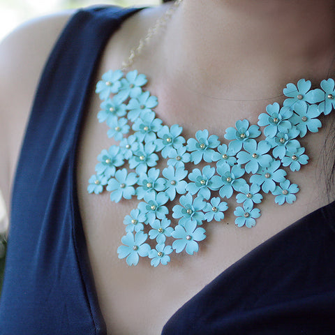 Mega Floral Statement Bib Necklace - Turquoise